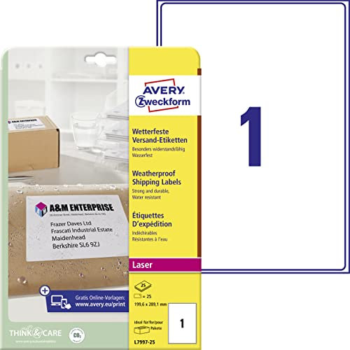 AVERY Zweckform L7997-25 wetterfeste Versandetiketten/ Versandaufkleber (25 Etiketten, 199,6 x 289,1mm auf DIN A4, bedruckbar, selbstklebend, für Pakete, Päckchen und Versandrollen) 25 Blatt, weiß