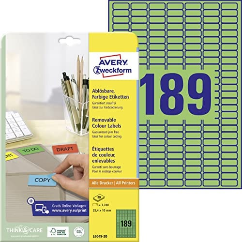 AVERY Zweckform L6049-20 Grüne Etiketten (3.780 Aufkleber, 25,4x10mm auf A4, wieder rückstandsfrei ablösbar, selbstklebende Farbetiketten, Papier matt, bedruckbare, farbige Klebeetiketten) 20 Blatt