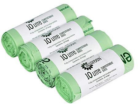 100x 10L Compostable Caddy Liners - 10 Litre Degradable Kitchen Caddy Food Waste Bin Liners - EN 13432 - Compostable Bin Liners - with All-Green Composting Guide … (1, Straight top)