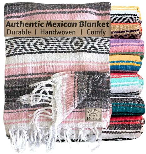 Del Mex Classic Mexican Blanket, Large Authentic Woven Falsa Throw (70x50), Artisan Southwest Décor for Beach, Yoga, Outdoors (Pink)