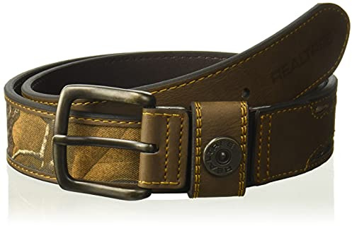 Real Tree Men's Comfort Stretch Stitched Belt with Xtra Camouflage and Shot shell Ornament, Brown/Camo, 42/44