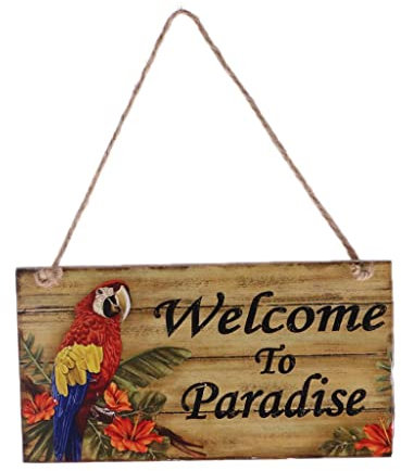 Sharplace Plaque Bois Bienvenu Peinture Perroquet Coloré avec Cord Jute Suspendu Déco Hawaïen - Welcome to Paradise