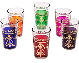 Orientalische verzierte Teegläser Set 6 Gläser Arab bunt Gold | Marokkanische Tee Gläser 6 Farben Deko orientalisch | 6 x Orientalisches Marokkanisches Teeglas verziert | Verschiedene Muster (Arab)