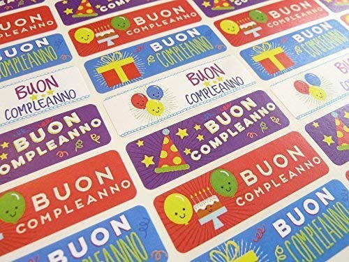 Pack of 32 BUON Compleanno Italian Birthday Greeting Stickers, Colourful Self-Stick Labels for Cards, Envelopes, Craft, Decoration
