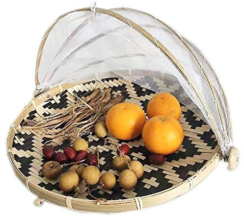 Food Cover Bamboo Anti-Mosquito Storage Baskets Foldable Hand-Woven Tent Dustpan Fruit Dustproof Cover Picnic Mesh Net Tent (40cm in Diameter)