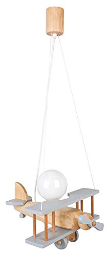HELLUX Kinderzimmer Lampe Decke aus Holz | Deckenleuchten für Kinder | Kinderlampe Decke 70x29x32cm für Babyzimmer | Flugzeug Lampe E27 ohne Leuchtmittel (Grau/Naturholz)
