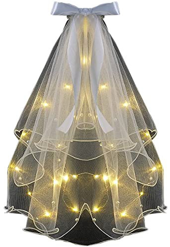 CICILIAYA Brautschleier für Damen, schlicht, elfenbeinfarben, kurzer Schleier mit Kamm, für Braut, Dusche, Junggesellinnenabschied, Kirche, Kostüm, Geschenk, Halloween, Mädchen (LED-Weiß)