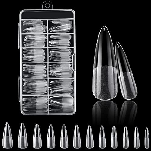 120PCS Clear Half Frosted Nails Tip Almond Acrylic Fake Nails Full Cover Ballerina Fake Nails Long Stiletto 12 Sizes For Nail Salons and Home