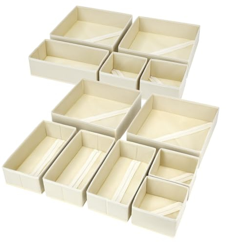 DIMJ Drawer Organizer Clothes, 12 Pack Dresser Organizer, Foldable Closet Organizers and Storage, Fabric Dresser Bins, Drawer Dividers for Nursery, Baby Clothes, Underwears, Sock (Beige)