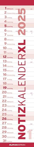 Alpha Edition - Notizkalender XL ROT 2025 Streifenkalender, 15x64cm, Wandkalender mit Platz für Notizen und Zusatzinformationen, Mondphasen und deutschem Kalendarium