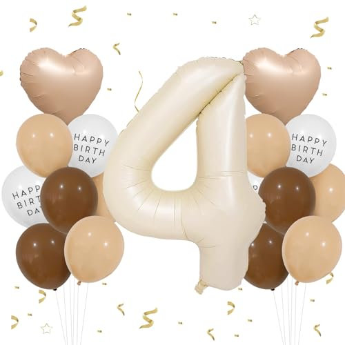 VUCDXOP Geburtstagsdeko Mädchen 4 Jahr, 4 Jahr Beige Geburtstag Deko, Luftballon 4. Geburtstag, Geburtstag deko 4 Jahre Jungen, Folienzahlen Ballons, Riesen Folienballon Zahl 4 für Geburtstag Party