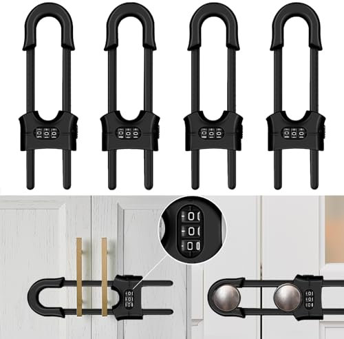 4 Pack Child Safety Sliding Cabinet Locks, Adjustable U-Shaped Child Proof Sliding Cabinet Door Code Locks 3 Digit Password, Reusable Baby Safety Cupboard Locks for Knob Handle Drawers Closet(Black)