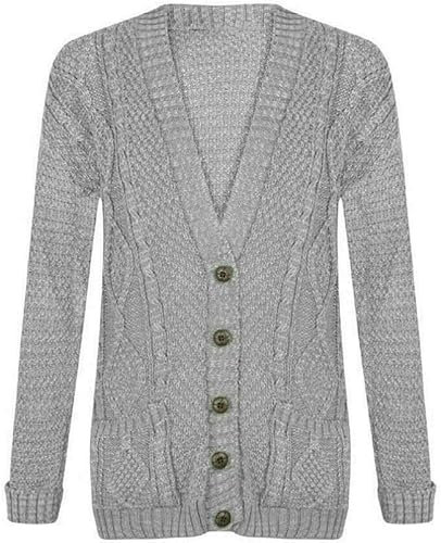 OutfitsbySMILE Women's Ladies Long Sleeve Button Top Chunky Aran Cable Knitted Grandad Cardigan Light Grey UK Size 24/26