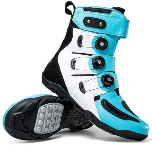 Stivali da Moto Alti per Unisex, Stivali protettivi Impermeabili in Pelle Microfibra da Cross, Comodi Stivali da Motocross Traspiranti,Blu,42