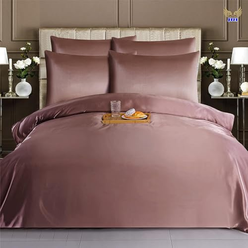6PCS Satin DuvetCover Bedding Set Plain Luxury Soft Bed Set Include (1xDuvet Cover, 1xFitted Sheet, 4xHousewife Pillow Case) (Super King, Blush Pink)-(Same Day Dispatch)