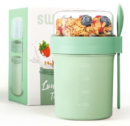 Swkien Müslibecher to Go, Joghurtbecher to Go, Müsli to Go Becher (560ML+220ML), Joghurt to Go Becher mit löffel, Müslibox to Go, Porridge Becher to Go, Müsli Cup Becher Lunchpot (Salbei-Grün)
