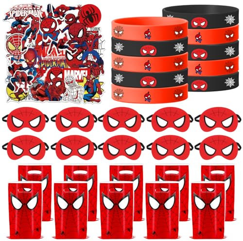 80Pcs Spiderman Kindergeburtstag Mitgebsel, Spiderman Party Mitgebsel, 10 Geschenktüten, 10 Filzmasken, 10 Silikonarmbänder, 50 Aufkleber, Kinder Party Kleine Geschenke Give Aways