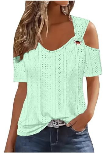 Uwdiohq Bluse E Camicie Primavera Parti Superiori di Estate per Le Donne 2024 Spalla Fredda Manica Corta Magliette Solido Anello Casual Hollow Top Camicie di Base Tees Abbigliamento per