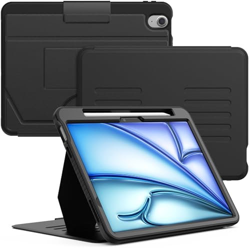 SEYMCY Case for iPad Air 11 Inch M3 (2025) / M2 (2024), Leather Smart Cover with 5-angle Magnetic Stand, Auto Sleep/Wake, Pencil Holder, Card Slots A3266 A3267 A3270 A2902 A2903 A2904, Black