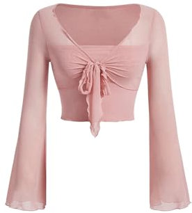 GORGLITTER Women's Long Sleeve T Shirts V Neck Tie Front Crop Tops Casual Going Out Tees Light Pink M
