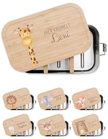 wunderwunsch® - Personalisierte Brotdose für Kinder - Robuste und Individuelle Edelstahl Brotdose mit Namen - Personalisierte Geschenke für Kinder (klein Edelstahl,Giraffe)
