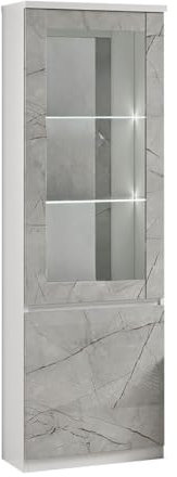 AltoBuy DEYTON - Vitrine Droite Laquée Blanc et Gris Marbré avec LEDs