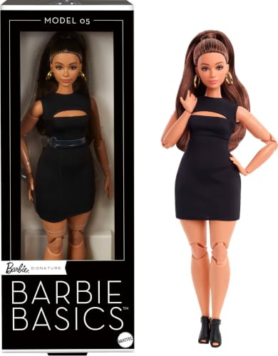 Barbie Basics-Modell 5, Sammlerpuppe mit brünetten Haaren, schwarzem Minikleid und Absatzschuhen, Mode in universeller Passform, beweglichem Körper mit weiblichen Rundungen, JBH73