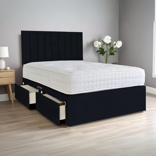 amu 4FT6 Double Bed with 2 Drawers | 24 Headboard, Plush Velvet Double Divan Bed for Space-Saving Solutions (Black)