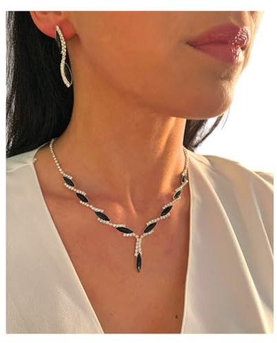 ONDEGO® 2er Set Y Strass Schmuck Damen – Schwarz-Silber Halskette mit Ohrringen – Verstellbare Kette 31–44 cm, elegantes Collier Schmuckset für Hochzeit, Abiball, Kommunion & festliche Anlässe