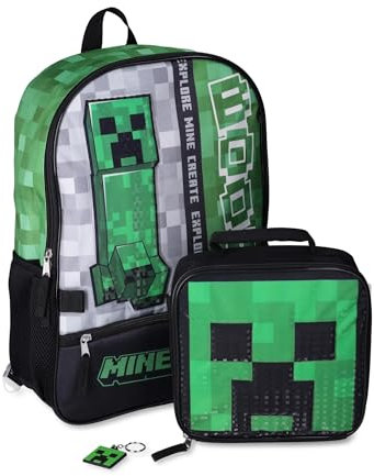 Bioworld Minecraft - Mochila para portátil de 17 pulgadas, 3 piezas, lonchera y llavero, Verde/gris/negro, 43,18 cm, Bolsa para portátil