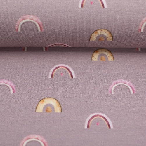 French Terry Sweat-Stoff SVEA | Regenbögen, Blumen, Herzen | altrosa & jeansblau | ab 50 cmx150cm | Meterware (Regenbögen, altrosa)