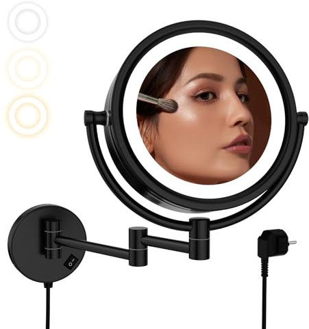 Nicesail Wand Kosmetikspiegel mit Beleuchtung Schwarz,Rasierspiegel mit Vergrößerung 7X,3-Farben Licht,Doppelseitiger Spiegel Ausziehbar,Verdickter Rahmen,Wandmontage zum Bohren,Durchmesser 20cm