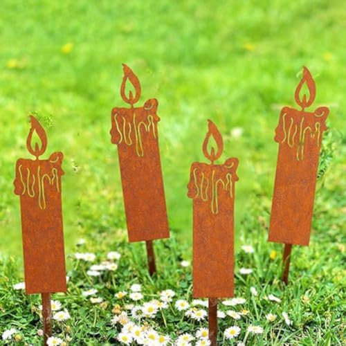HpLive 4 Stück 24cm Rustikale Kerzen Gartenstecker, Metall Rost-Optik Dekorative Pflanzenstecker Gartendeko Vintage Kerzenhalter (Kerzen)