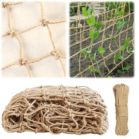 Lotvic Jute Netting, 2 x 5 M Jute Netting with 10 M Jute Twine, Eco Friendly Natural Pea and Bean Netting, Plant Support Netting, Trellis Netting Garden Netting for Climbing Plants Sweet Pea Bean