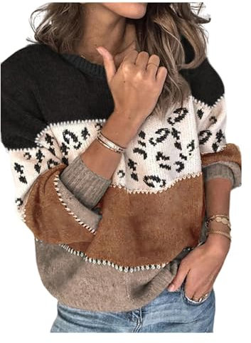 HEYPORK Damen Winter Warm Bequem Pullover Casual Strickjacke Strickpullover Frauen Persönlichkeit Leopardenmuster Spleißen Mode Strickpullover Pullover(C Braun, XL)