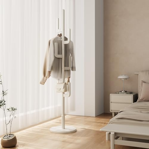 AQIMUELE Attaccapanni, Appendiabiti da Terra in Legno, 8 Ganci, 3 Altezze, per Cappotti Cappelli Borse, per Ingresso, Camera da Letto, Soggiorno (Bianco)