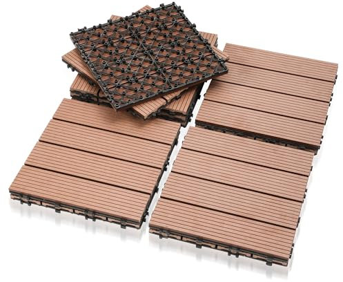 Jiubiaz WPC Fliesen, 30x30cm 66er für 6m² WPC Terrassenfliesen Balkon Bodenfliese mit Klick-System, Terrassendielen Wetterfest mit Drainage, Einfach zu installieren, Braun