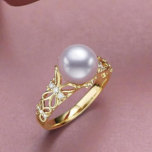 Gold weiße Muschel Schmetterling Perlenring - Natural Süßwasserperle - Iris offener Ring für Frauen & Jugendliche Mädchen - Trendy niedlicher Strass - Prom Hochzeit Schmuckgeschenk
