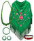 Pack châle et accessoires : châle de Manille brodé avec accessoires style flamant rose et bracelet brodé, pour fêtes populaires et événements (vert fleur)