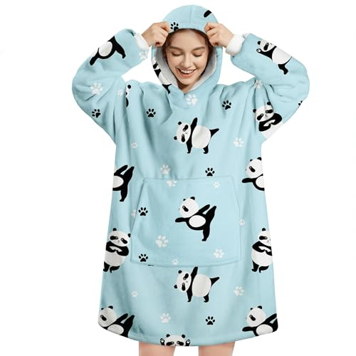 Queenshin Hoodie Decke Oversize Panda Blau mit Ärmeln Kuscheldecke Deckenpullover für Damen Herren, Tragbare Decke zum Anziehen Erwachsene, Übergroßer Hoodie Sweatshirt Sherpa Warm und Weich