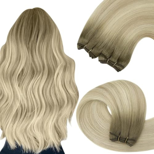 YoungSee Echthaar Tressen zum Einnähen Blond 50 cm,Tressen Echthaar Aschblond Ombre Blond，Haartressen Extension，Weft Hair Extension fur Damen,100g,SUN
