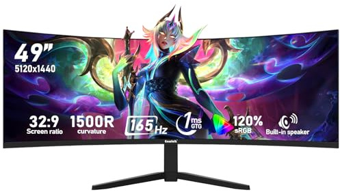 Gawfolk Monitor per computer da gioco curvo ultra largo da 49 pollici, 1500R, DQHD (5120 × 1440), 165 Hz