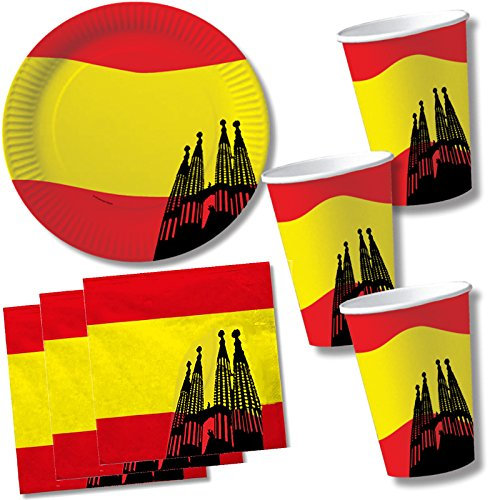 40 tlg. SPANIEN-Set Pappteller + Servietten + Pappbecher für Party und Geburtstag // Teller Becher Essen Pappe Geschirr Deko Dekoration Einweg Mottoparty Spanische Nacht Espana la sagrada familia