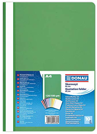 DONAU 1702001PL-06 Plastik Schnellhefter A4 Grün/ Sichthefter Kunststoff aus öko PP-Folie 120/180 µm/ mit transparentem Deckel/ für Büro und Schule/ Fassungsvermögen ca. 200 Blatt | 10er Pack
