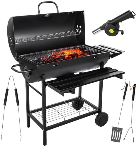 Grill & Chill Barbecue a Carbone 71×35 cm – Coperchio con Termometro, Ripiani Pieghevoli, Cassetto Cenere – Ruote per Giardino – Acciaio Nero – GC0002