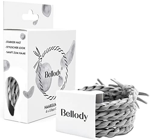 Bellody® Original Haargummis - Stylisch geflochtener Haargummi mit starkem Halt (4er Set - Urban Gray) - Damen Haarschmuck in Hell Grau