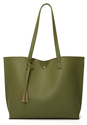Dreubea - Borsa a tracolla da donna in morbida pelle sintetica, borsa tote, a spalla, a mano, con nappa, di grande capacità, Verde oliva scuro, Taglia unica