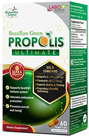 LABO Nutrition Brazilian Green Propolis Ultimate - Contains >7% or 28mg per Serving Artepillin C & >5% Flavonoids, for Immune & Brain Support, Natural, High Concentrate & Premium, 60 Veg Capsules