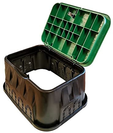 RIEGOPRO Arqueta de Riego Rectangular JUMBO para Enterrar con 10 Salidas Recortables. Base 64x49,5cm - Tapa 53,5x37cm - Altura 30xcm. Tapa con Bisagra para facilitar la Apertura.Robusta muy Resistente