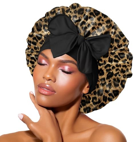 BONNET QUEEN Silk Bonnet for Sleeping for Curly Hair, Satin Bonnet Hair Wrap for Women & Men, Adjustable Silk Scarf Night Cap with Tie Band, Leopard